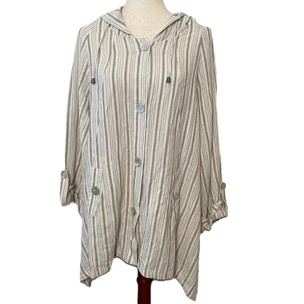 Womens Large Linen Viscose Hooded Shirt Cream Tan Jones & Co Lagenlook Beachy